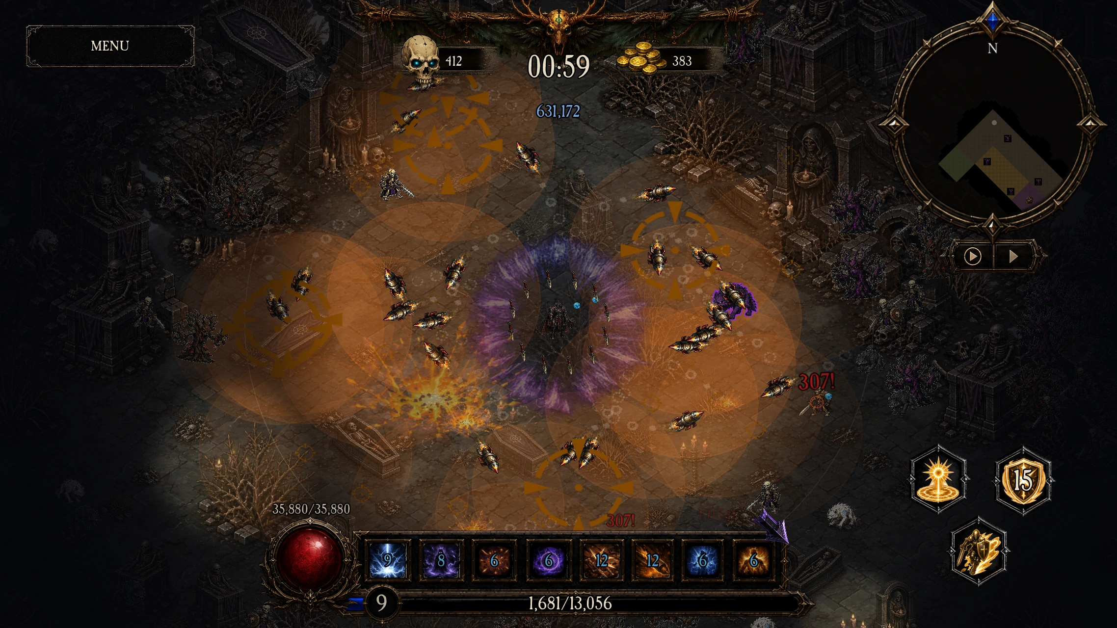 A dense enemy pack under overlapping ability zones in the Crypt of Echoes, with large damage numbers