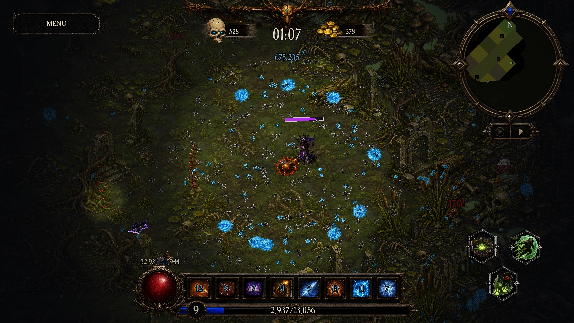Learned abilities and Discipline effects firing during a run, filling the arena with overlapping damage areas