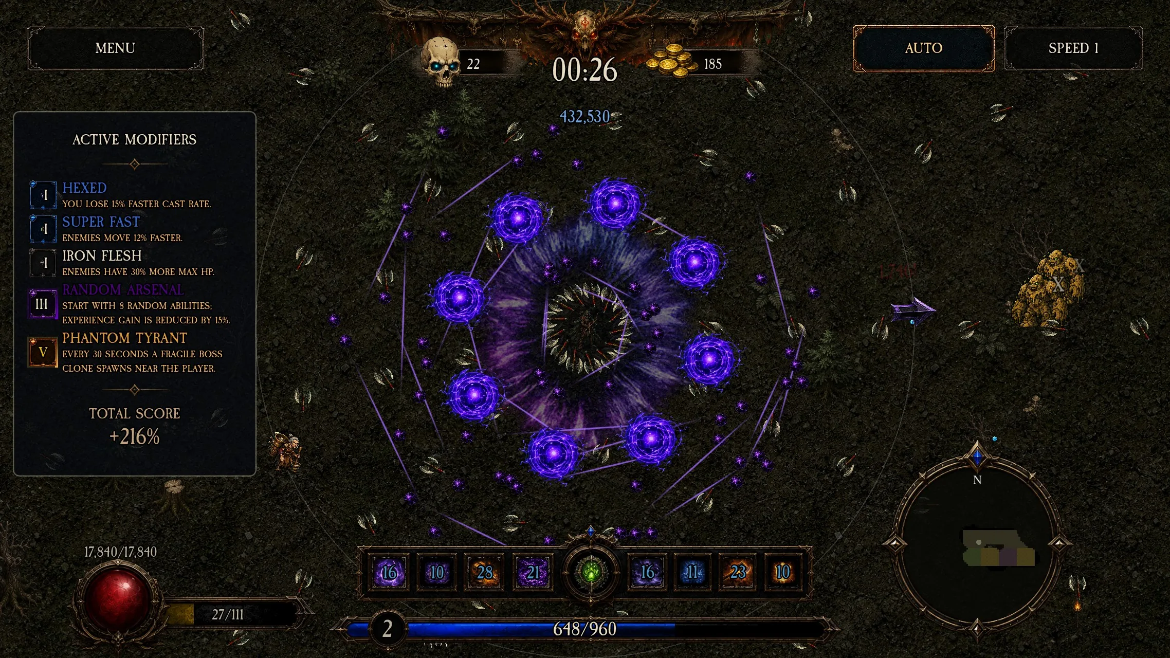 A run in progress with the active modifier list and total score bonus shown on the left