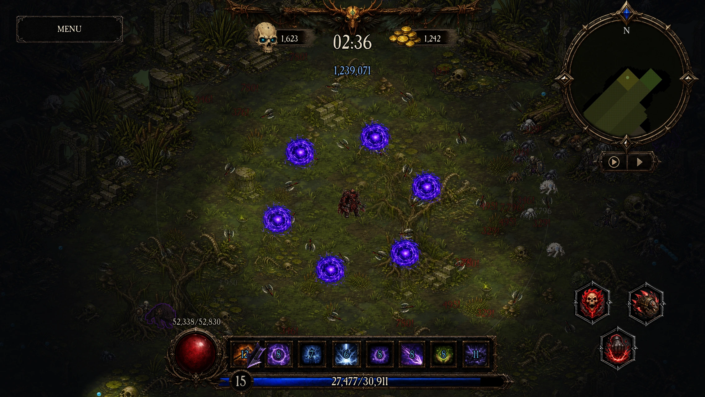 An isometric cursed run in progress with the eight-slot ability bar, equipped Disciplines, and floating damage numbers
