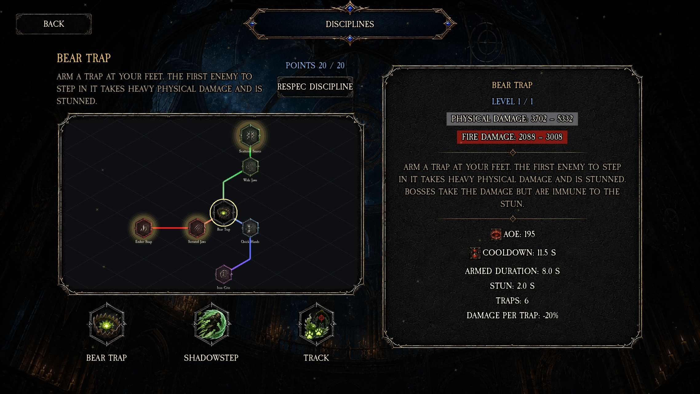 Woodsworn Bear Trap discipline screen showing the upgrade tree, spent points, and the live damage and cooldown stats