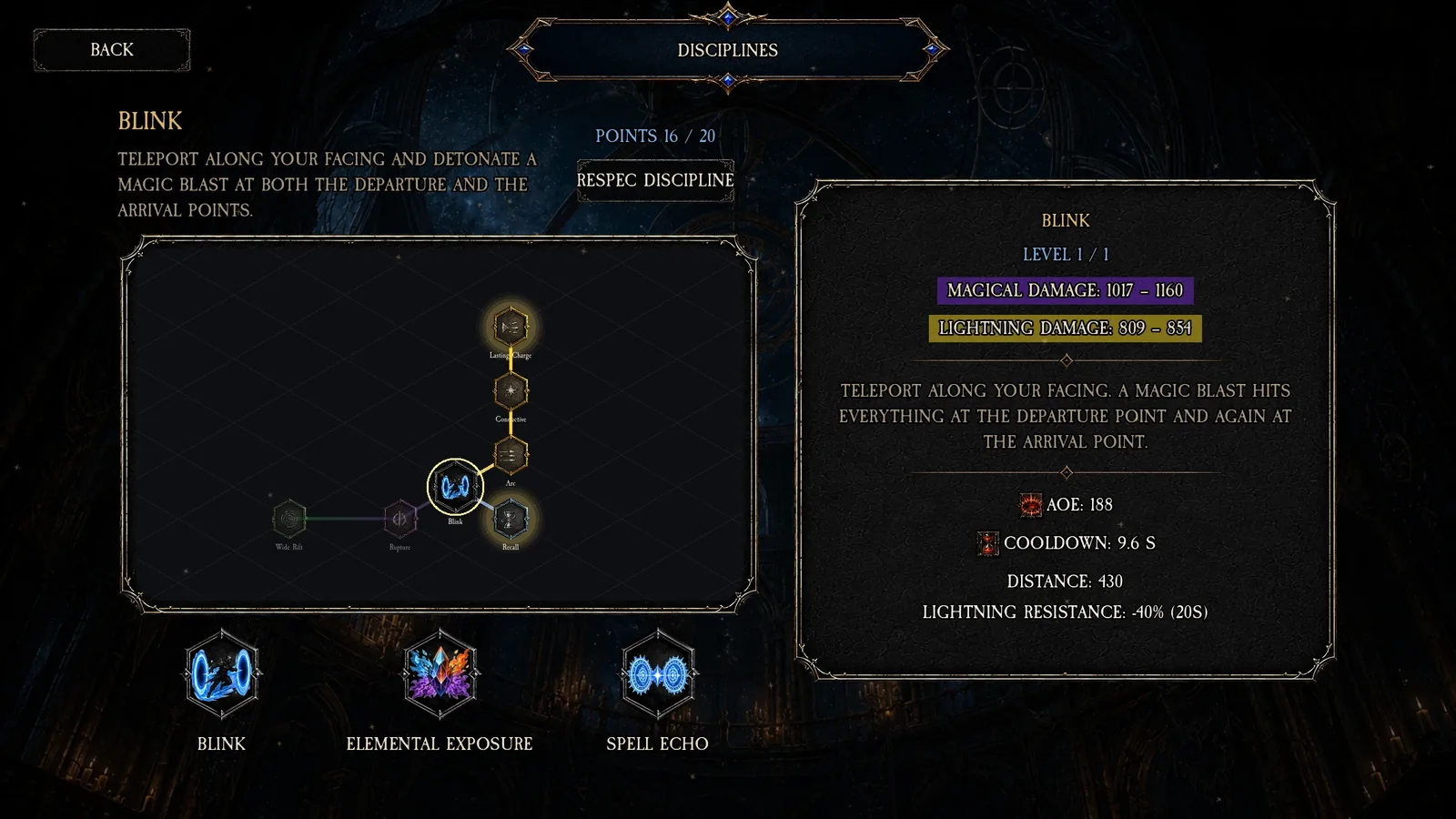 The Disciplines screen showing Spellblade's Blink node tree, points spent, and the live cast stats for damage, area, cooldown, and a lightning resistance debuff