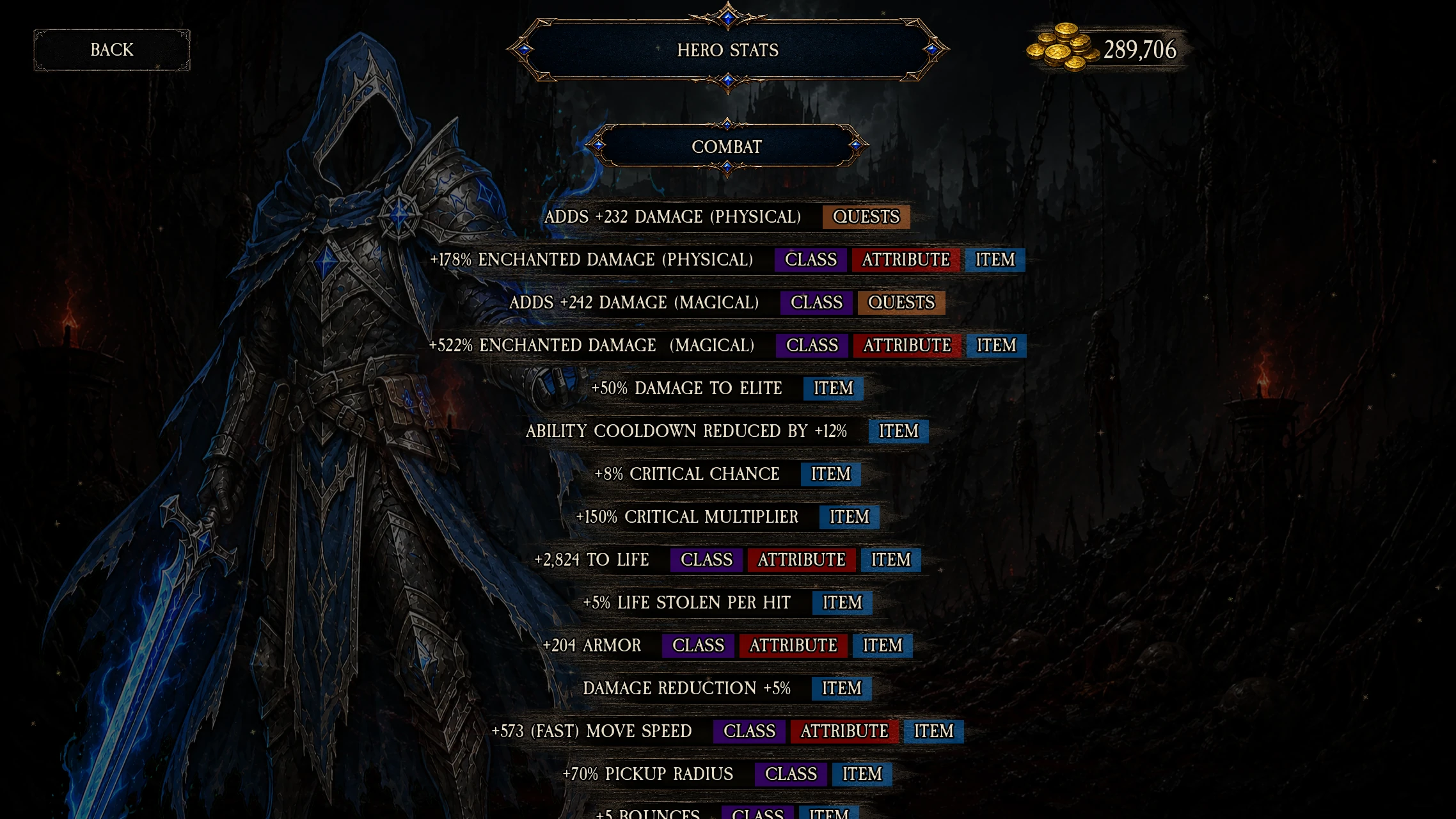 Version 2.0.0 Hero Stats screen showing combat values and their sources