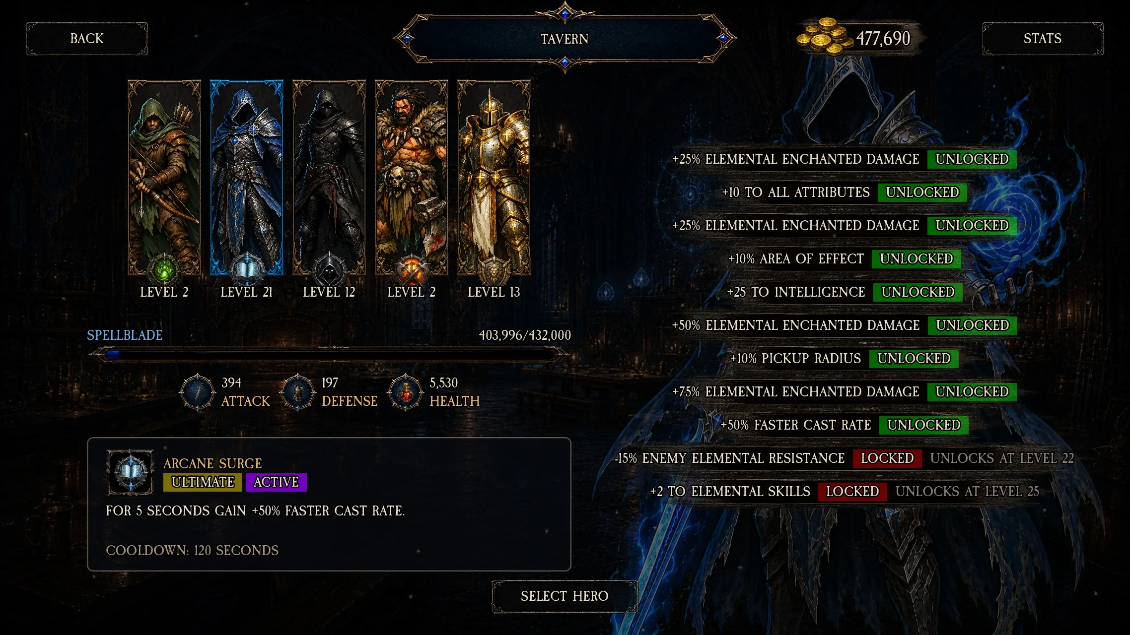 Tavern showing hero selection and progression