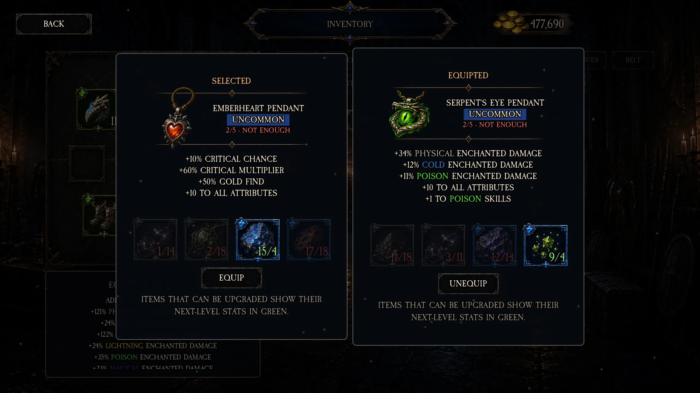 Inventory comparison showing selected and equipped item stats side by side
