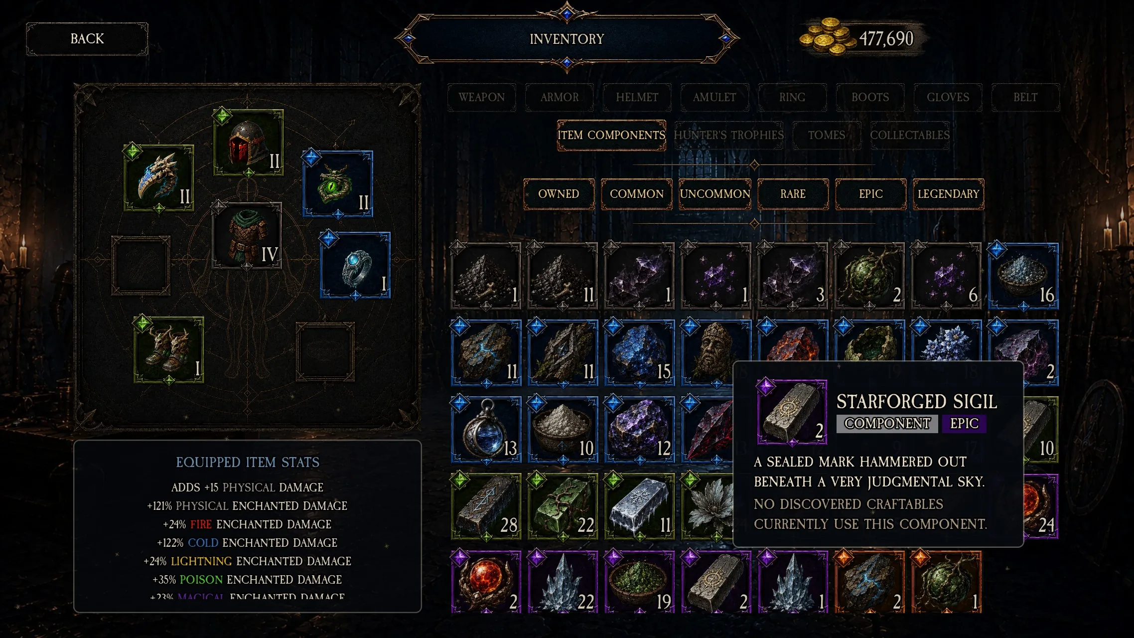 Item components tab showing crafting materials sorted by rarity with a component tooltip