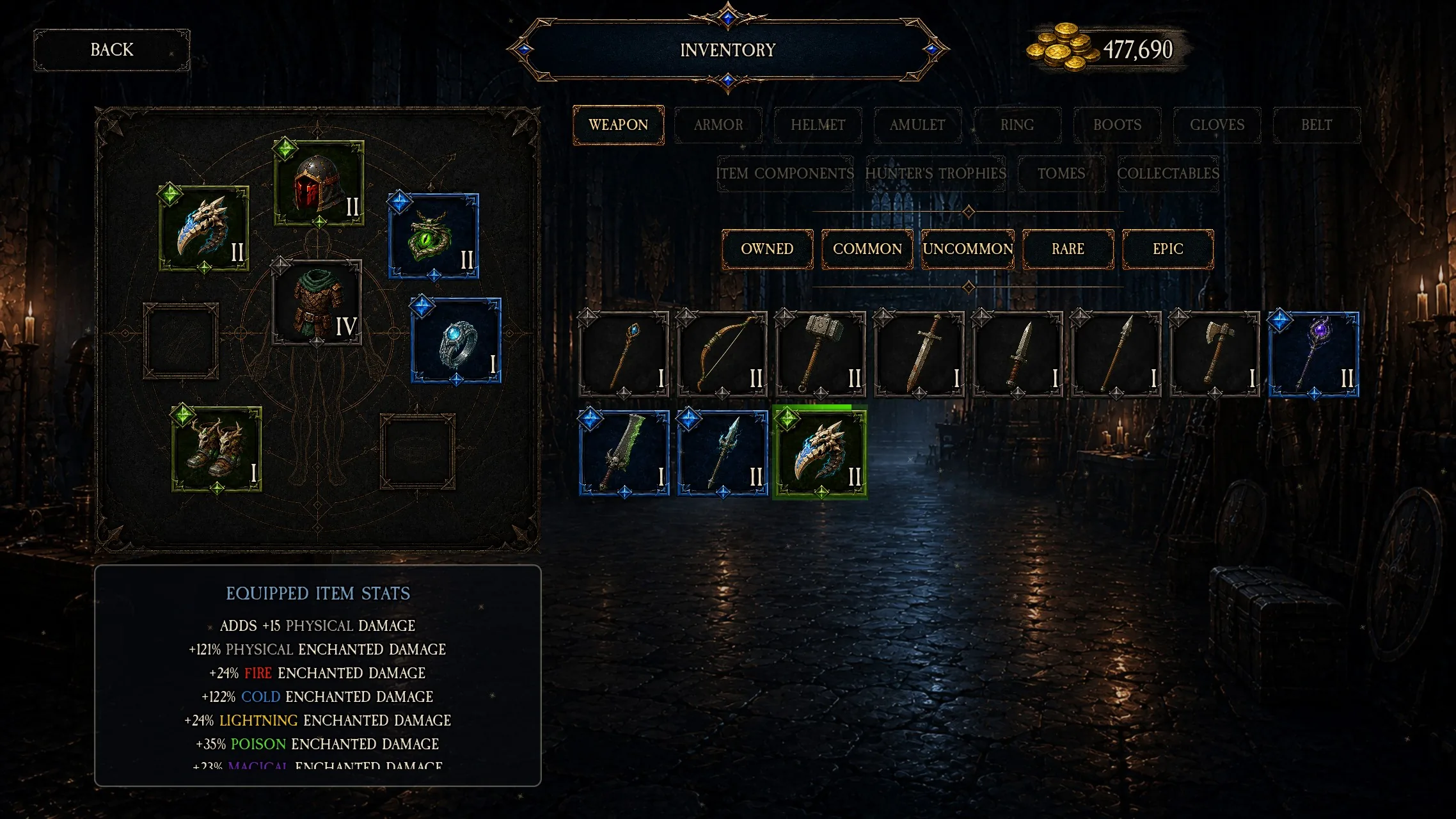 Inventory screen showing all eight equipment slots and the Epic rarity filter