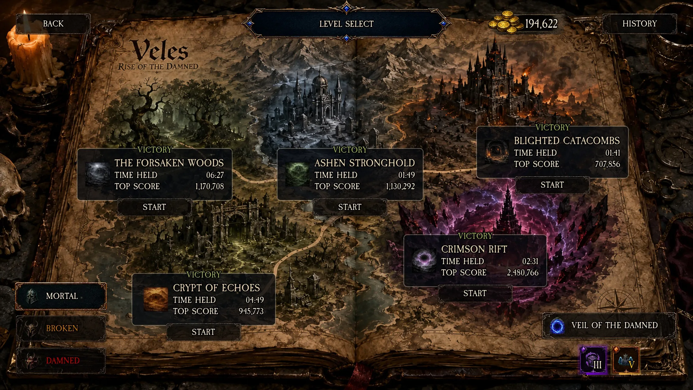 Level selection map showing five cursed destinations with victories, times, and top scores