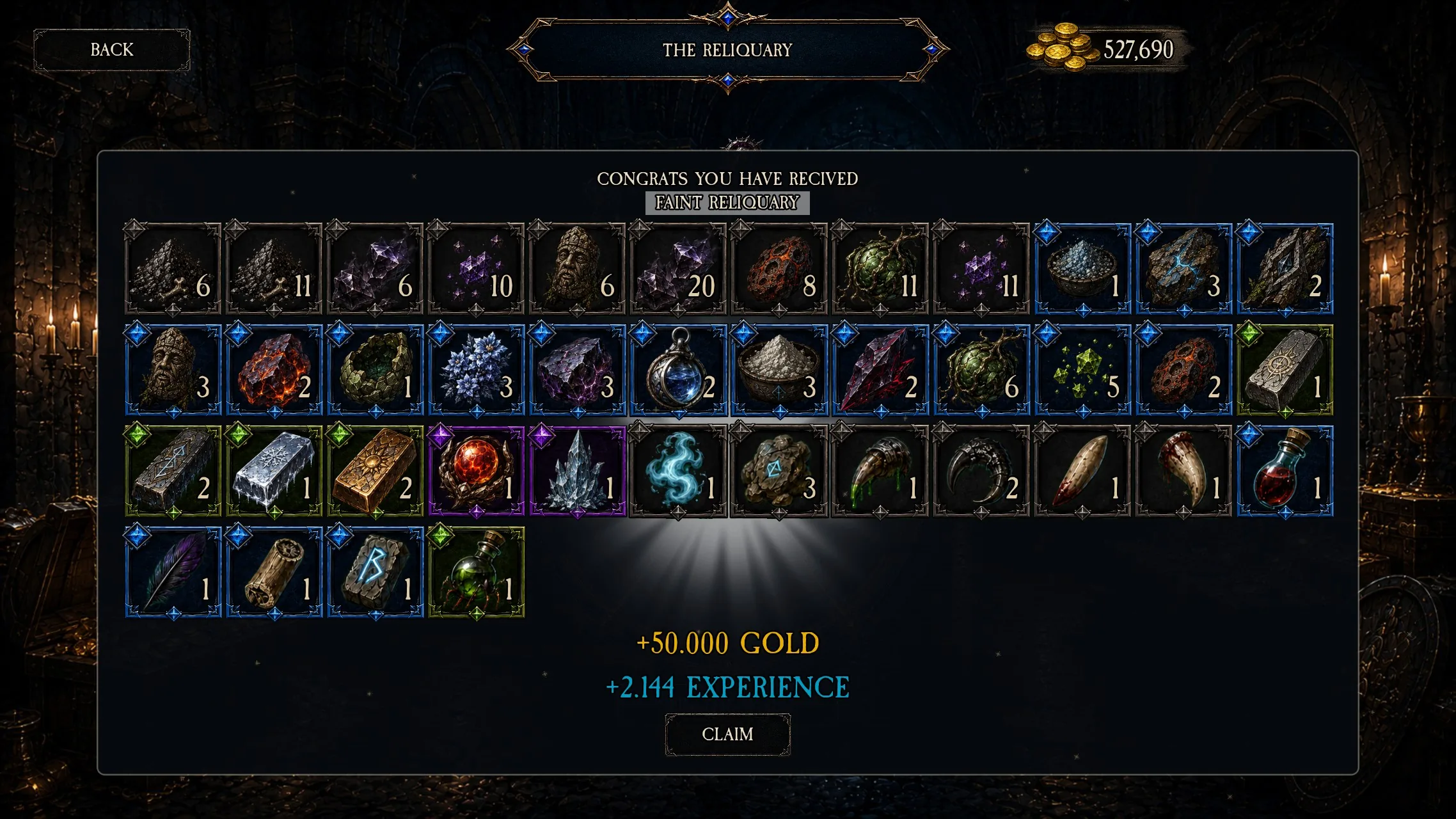Reliquary reward screen showing the full contents of an opened Faint Reliquary