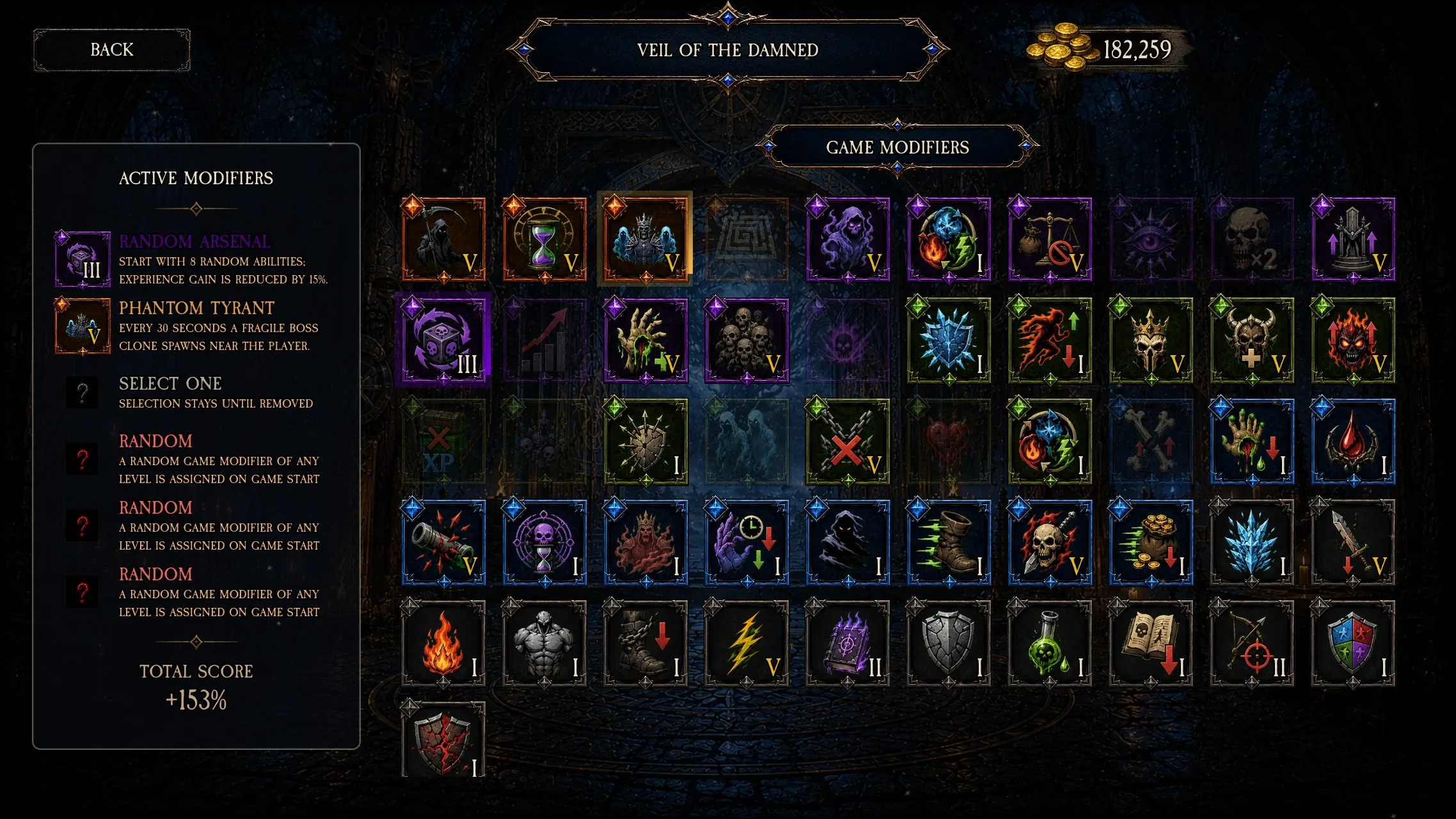 Veil of the Damned screen showing the full modifier grid, active modifiers, and total score bonus