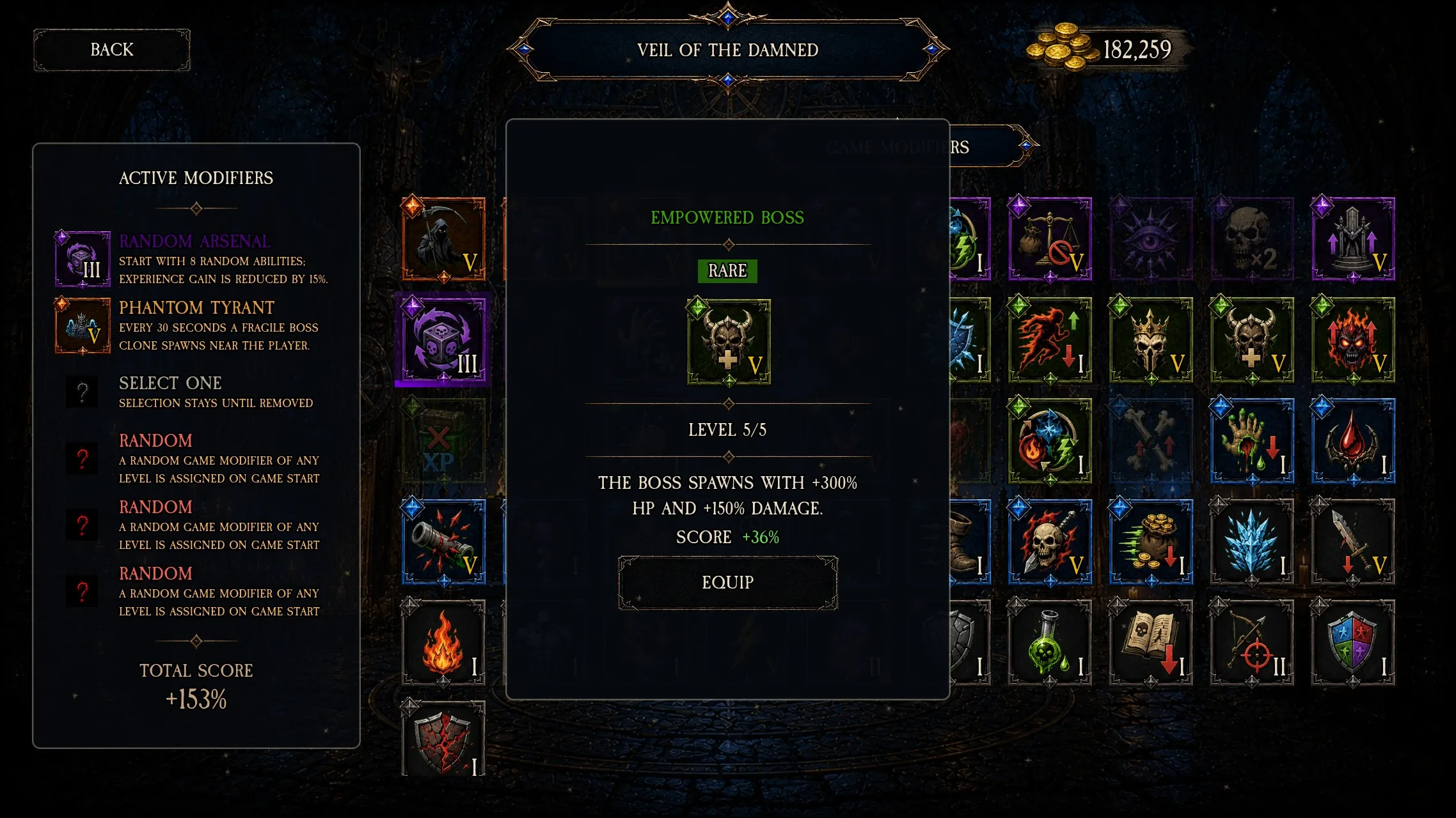 Modifier detail panel showing rarity, level five of five, effect text, and score bonus